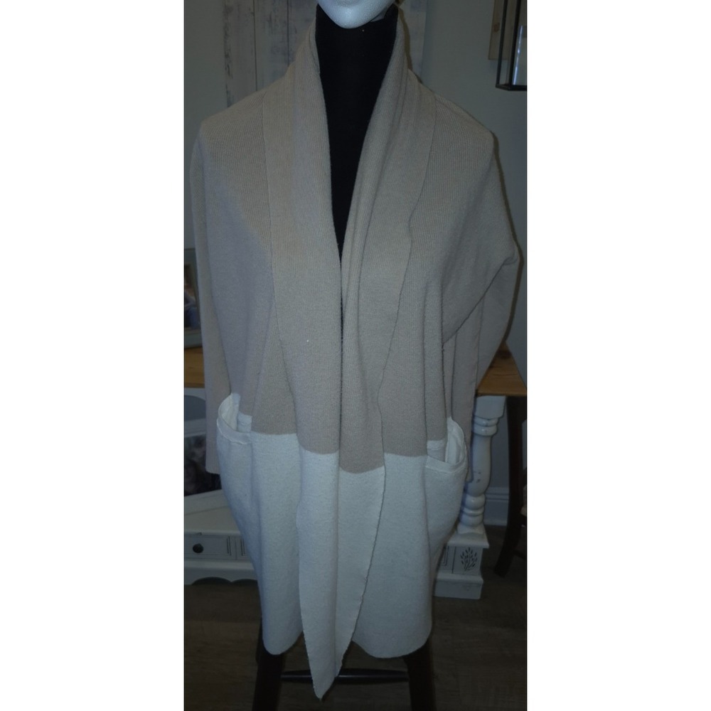 Mud pie women's tan/white long‎ tight knit cardigan sweater S/M pockets